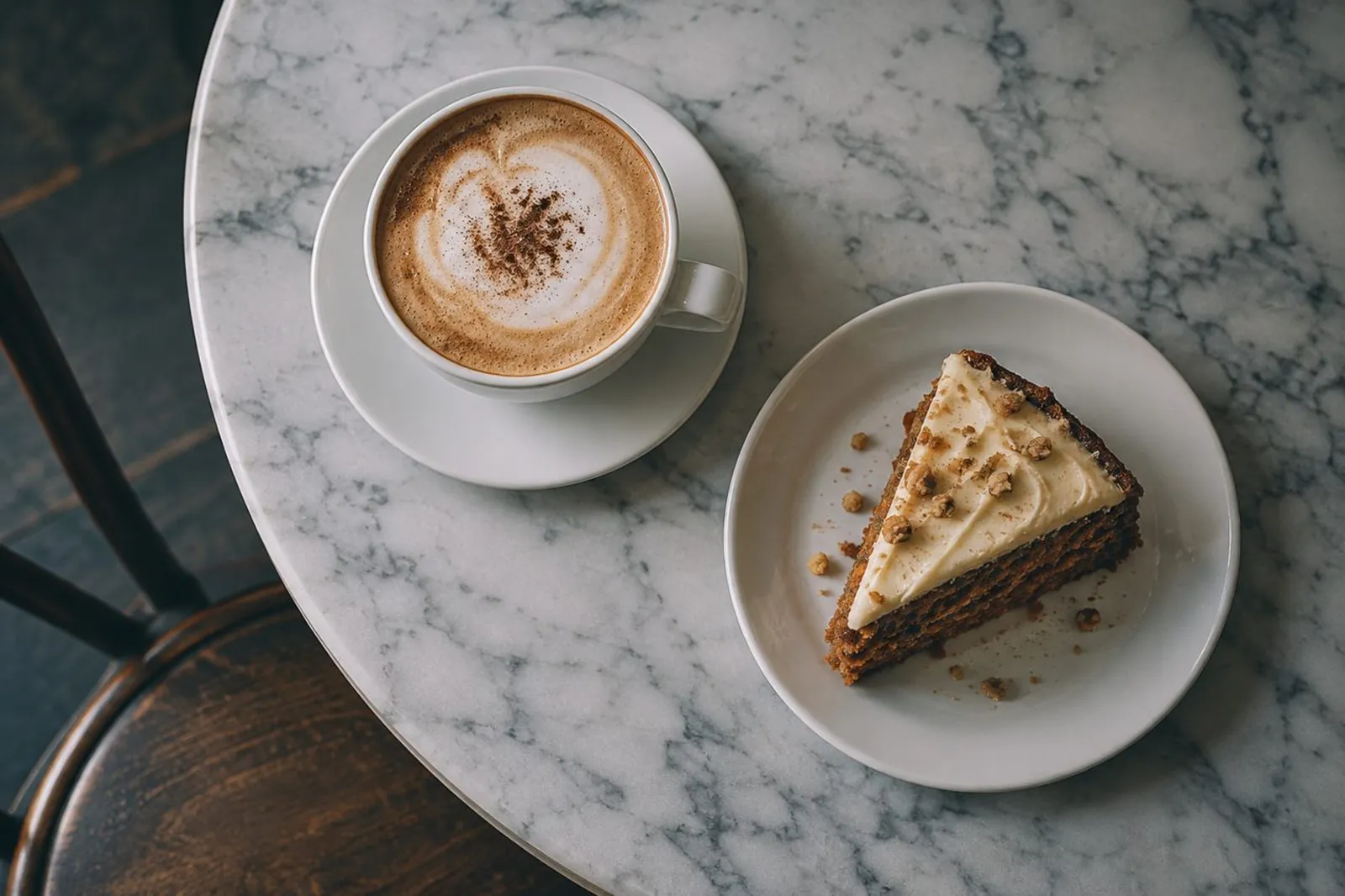 Cappuccino und ein Stück Rüeblitorte auf einem runden Marmortisch, von oben