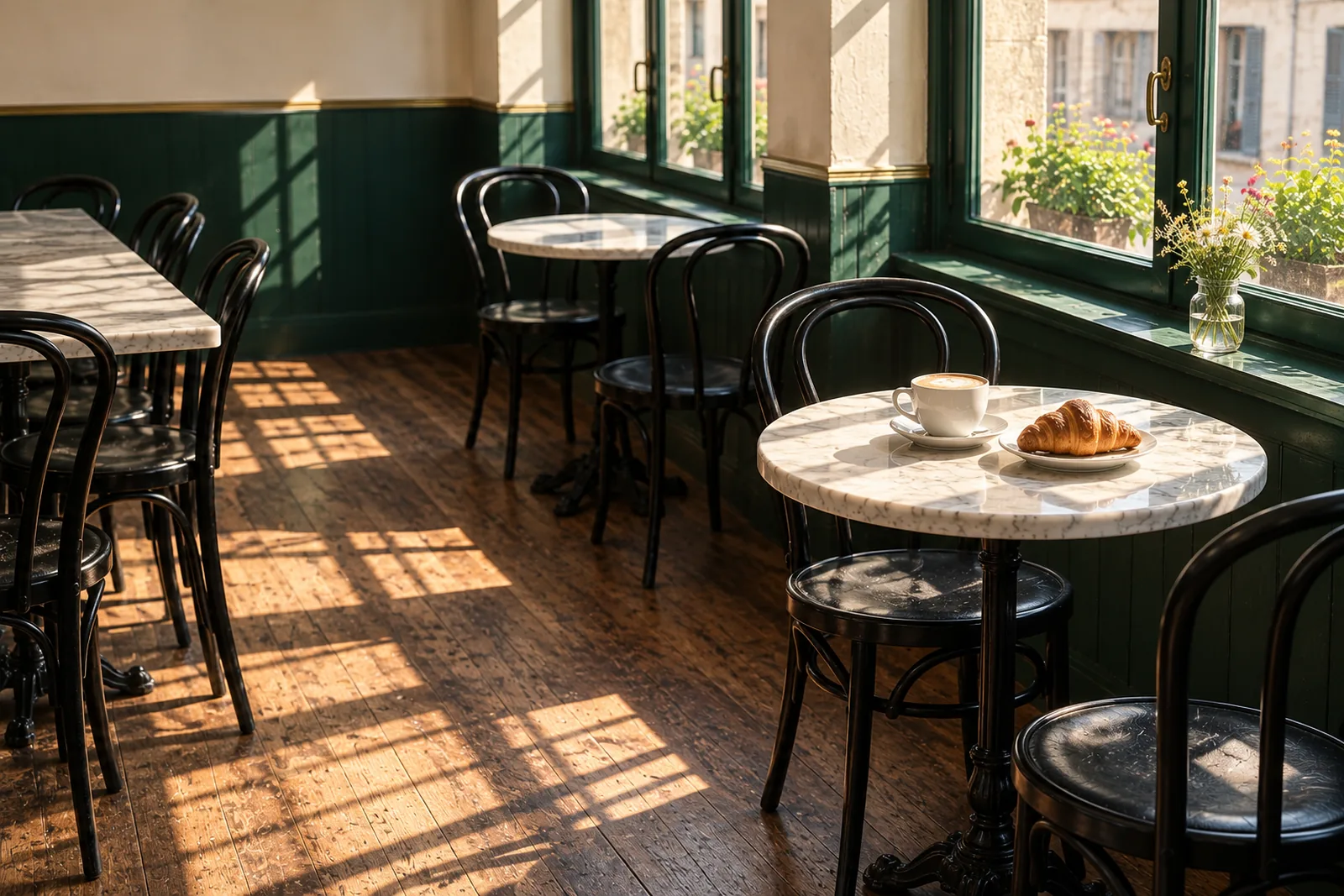 Morgensonne fällt durch die grünen Fenster zur Gasse und zeichnet helle Fensterflecken auf den Eichenboden, auf dem runden Marmortisch stehen ein Cappuccino und ein Gipfeli