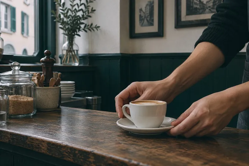 Eine Hand stellt einen Cappuccino auf die Holztheke, dahinter das grüne Täfer