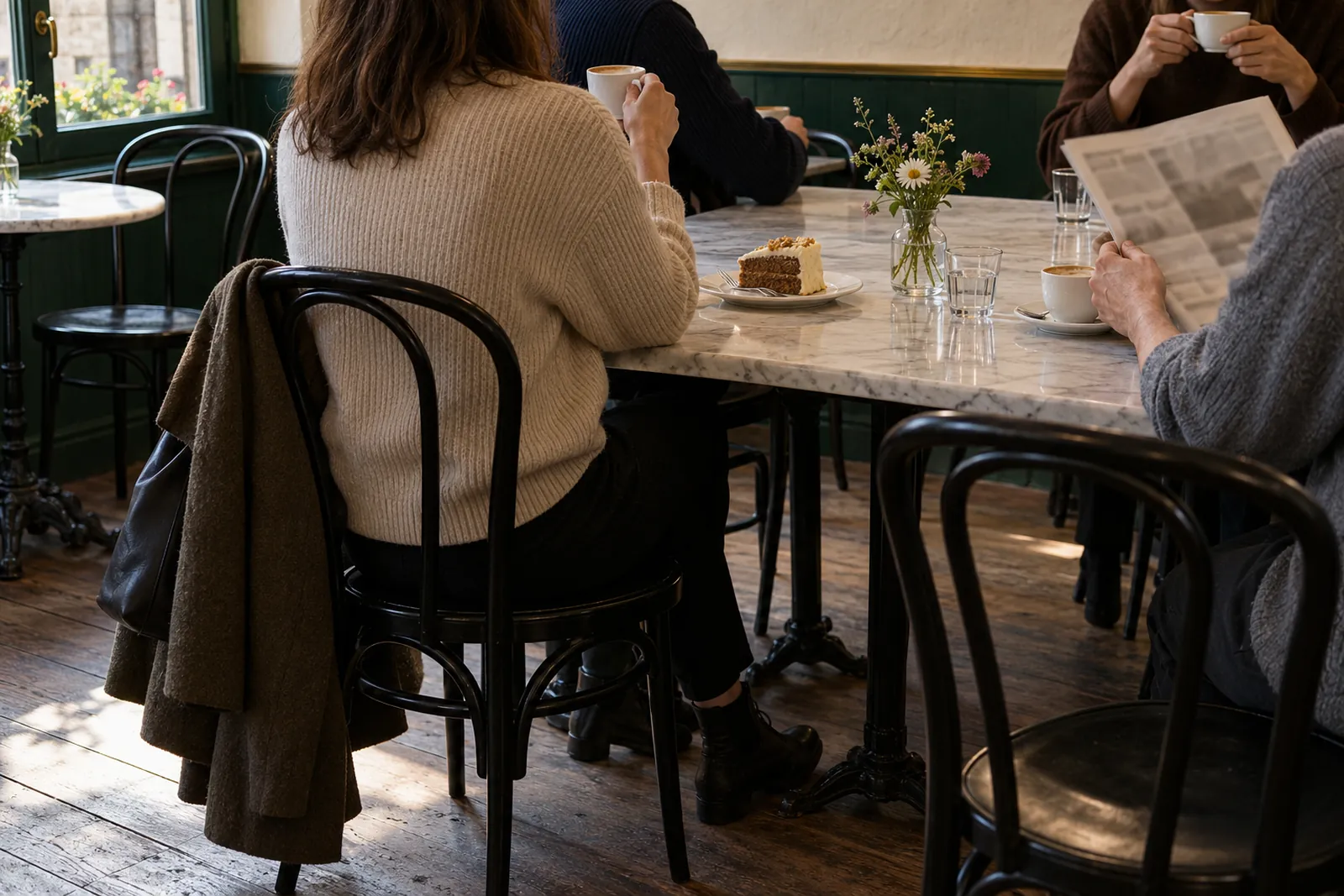 Gäste am grossen Marmortisch, von hinten: Hände um Kaffeetassen, ein Stück Rüeblitorte, eine Zeitung, an der Wand das grüne Täfer