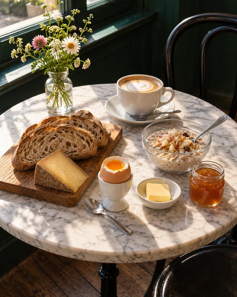 Zmorge am Fenstertisch: Brot, Bergkäse, ein weiches Ei, Birchermüesli, Butter, Aprikosenkonfitüre und ein Cappuccino in der Morgensonne