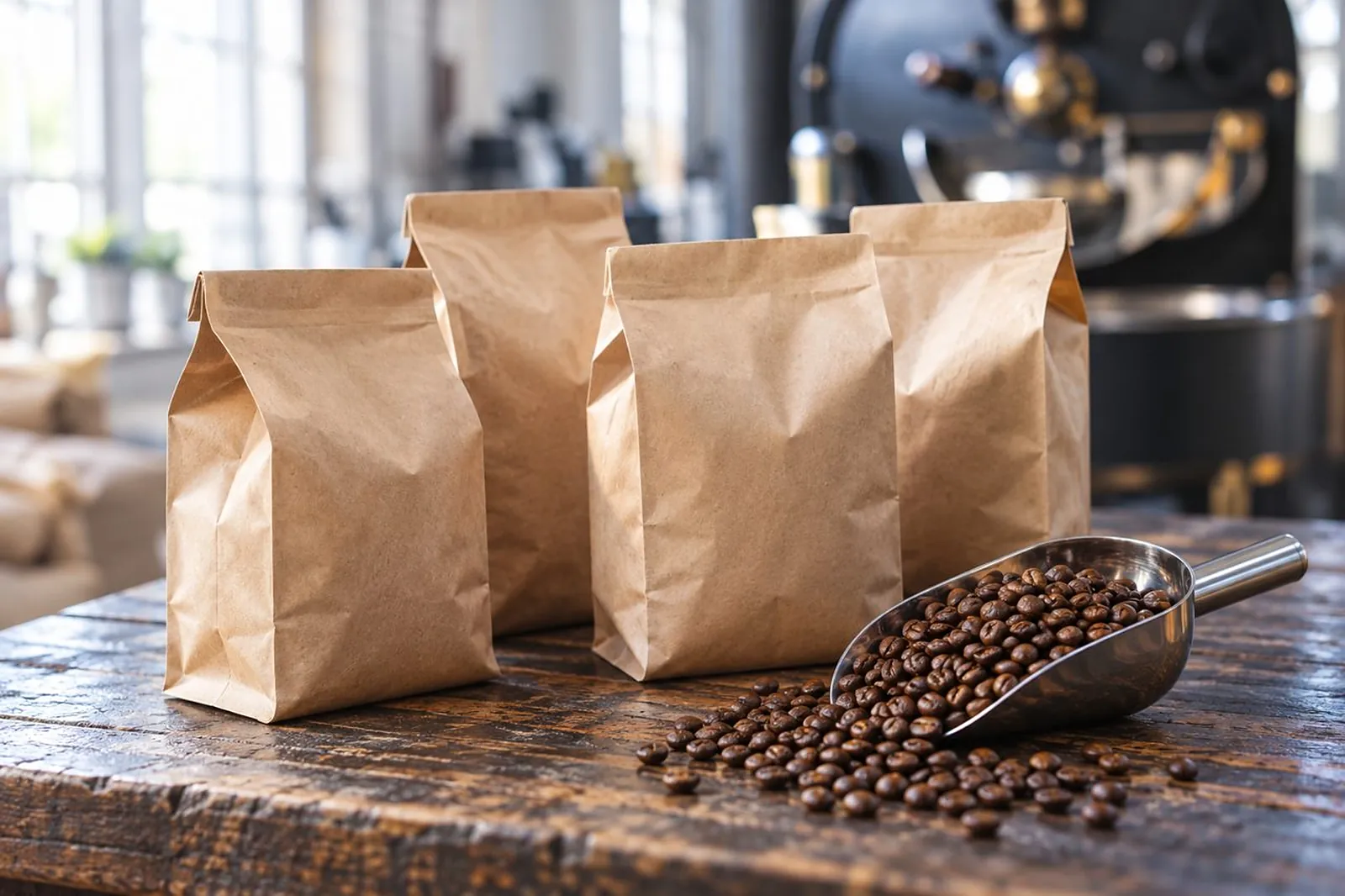 Vier Kaffeebeutel aus Packpapier und eine Schaufel mit gerösteten Bohnen auf dem Eichentisch, dahinter der Röster