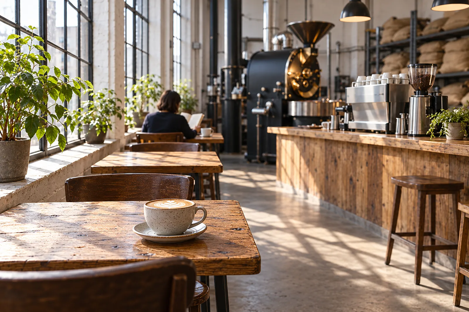 Kleine Eichentische an den hohen Stahlfenstern, vorne ein Cappuccino, hinten die Theke und der Röster