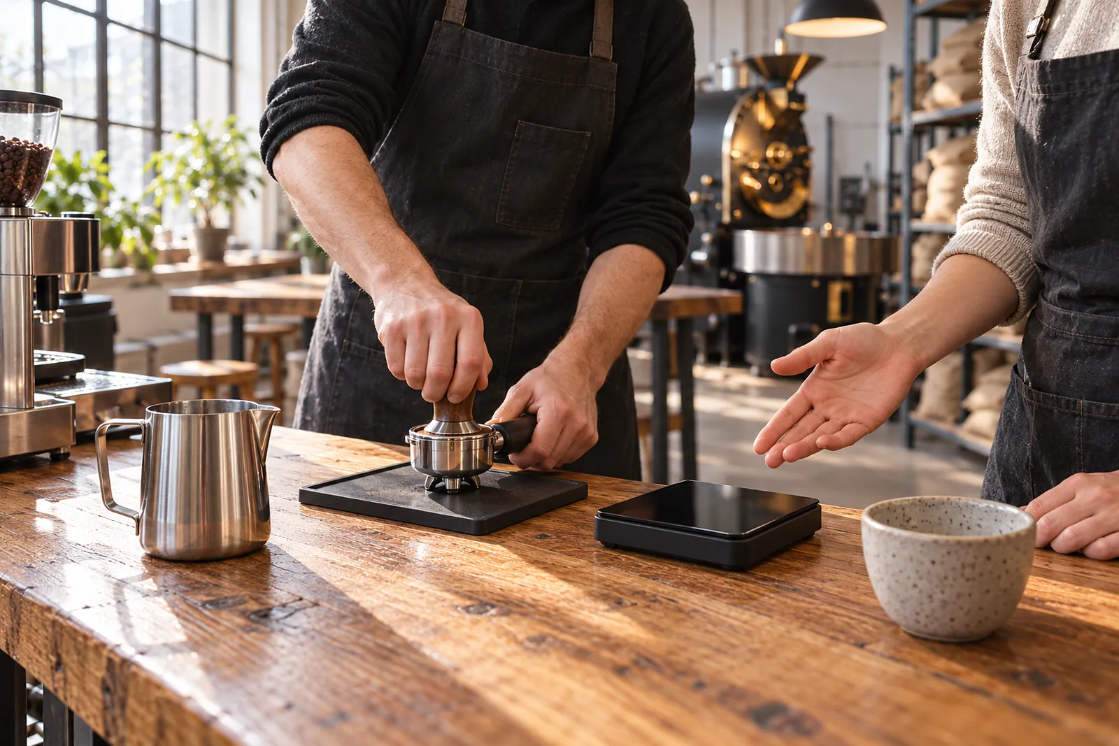 Kurs an der Theke: eine Person presst den Kaffee in den Siebträger, eine zweite erklärt