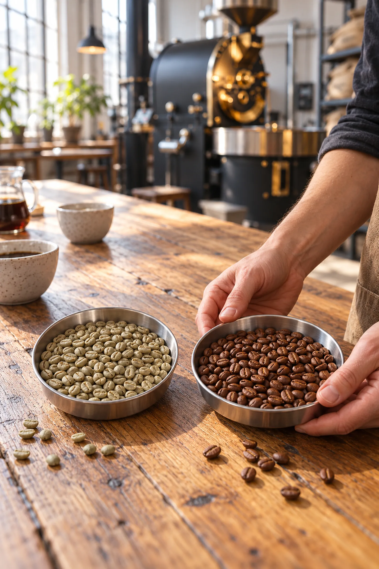 Zwei Probeschalen auf dem Eichentisch: links grüner Rohkaffee, rechts dieselben Bohnen geröstet, eine Hand hält die rechte Schale