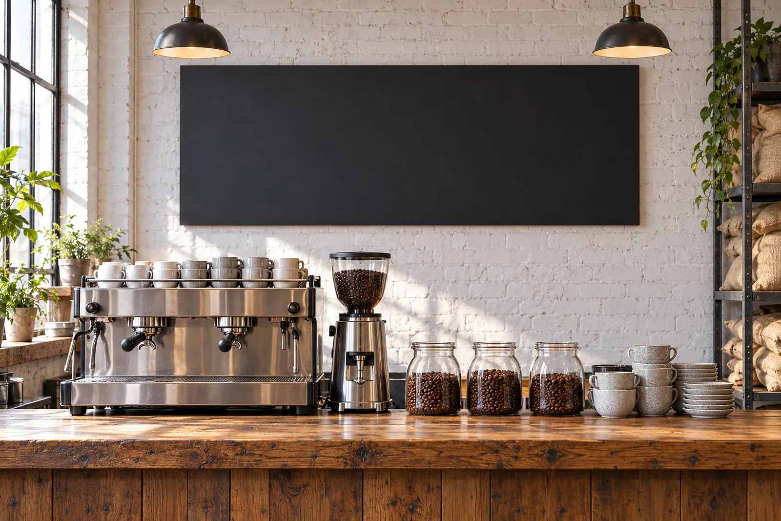 Die Theke des Röstlabors mit Espressomaschine und Mühle, dahinter die schwarze Stahlwand mit den sechs Feldern der Bohnen