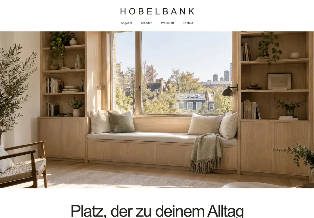 Bildschirmaufnahme der Website Hobelbank mit schreinerei für einbauten und möbel